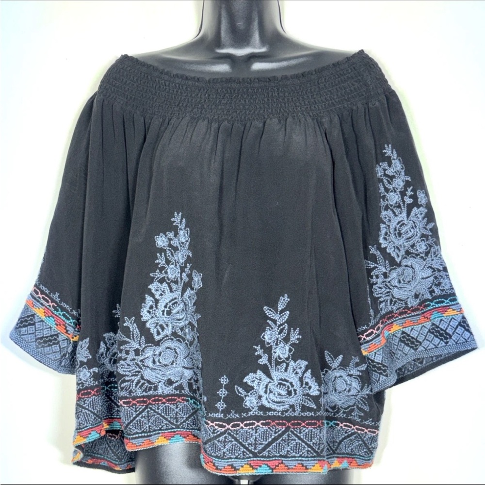 Johnny Was Workshop Silk top S Tahndi 
Embroidered Off the Shoulder black blouse